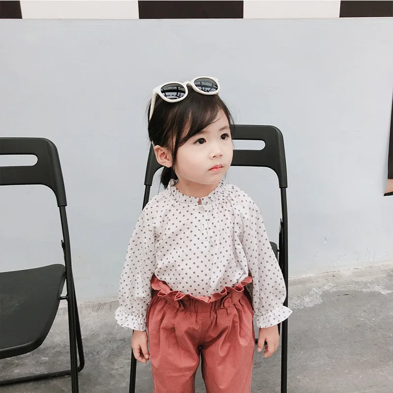 

Autumn pure cotton dot balloon sleeve shirts for 0-4 years baby girls Korean style casual all-match blouses