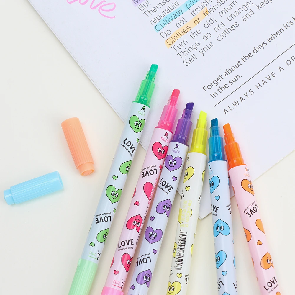 6Colors/Box Double Headed Fluorescent Pen Cartoon School Stationery