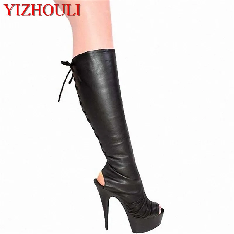 new arrival Classic high heels cool boots sexy open toe cutout sexy knee high boots dance shoes 15cm