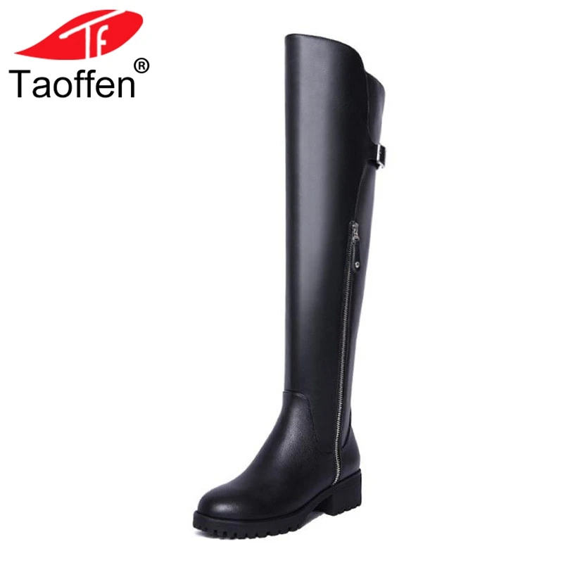 

Taoffen Women Warm Knee High Boots Genuine Leather Fur Winter Shoes Women Zipper Flats Boots Sexy Buckle Footwear Size 34-39