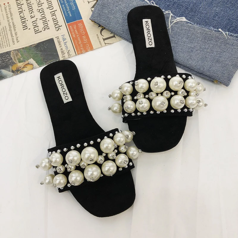 faux pearl & rhinestone decor slingback flats