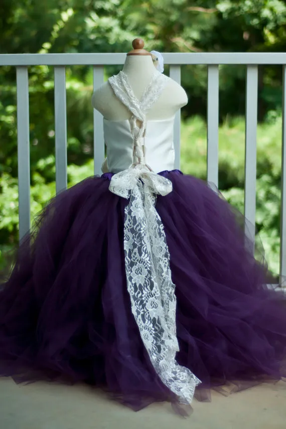 Flower Girl Tutu Dress Floor Length Sewn Tutu Dress Ivory and Eggplant Purple with Satin Corset Top Lace Straps 6 months-9,10CUSTOMIZABLE2