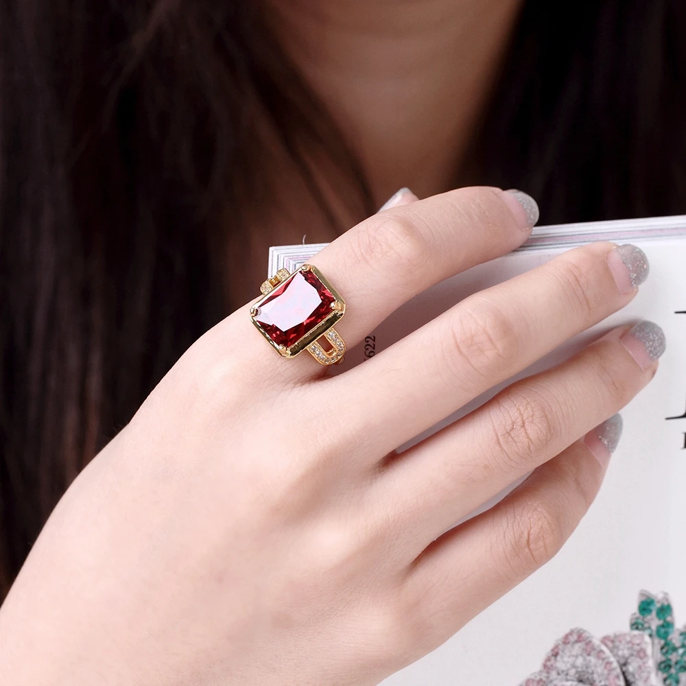Classic Square CZ Women Ring Gold Color Red Cubic Zircon Rings For Party Women Accessories New (JewelOra RI102009)