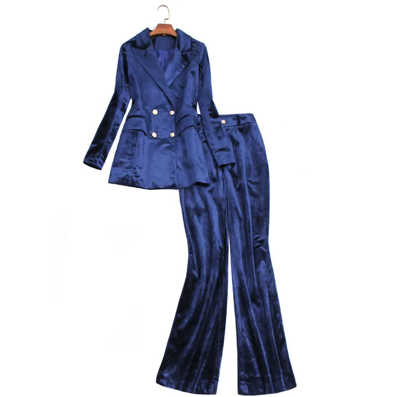 Velvet Pants Suit Women Elegant Autumn Winter Luxury Brand Jacket+Pants Set For Wedding Formal Office Ladies Business Wear Blue Velvet Pants Suit Women Elegant Autumn Winter Luxury Brand Jacket+Pants Set For Wedding Formal Office Ladies Business Wear Blue