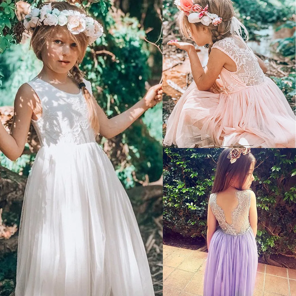 Summer Kids Dresses For Girls Flower Lace Sleeveless Backless Back