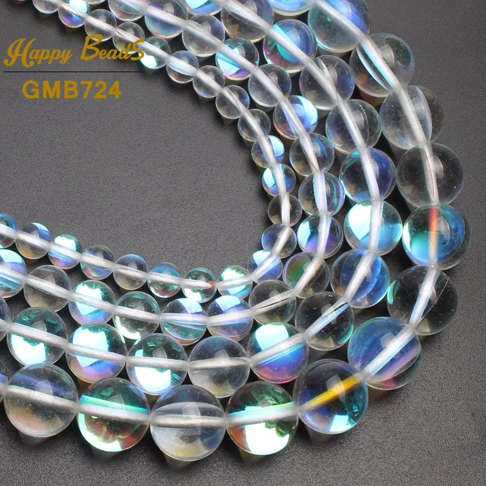 

Natural Transparent Flash Crystal MoonStone Beads Smooth Glitter Round Loose Bead For Jewelry Making Diy Bracelet 15"inch 6-12MM