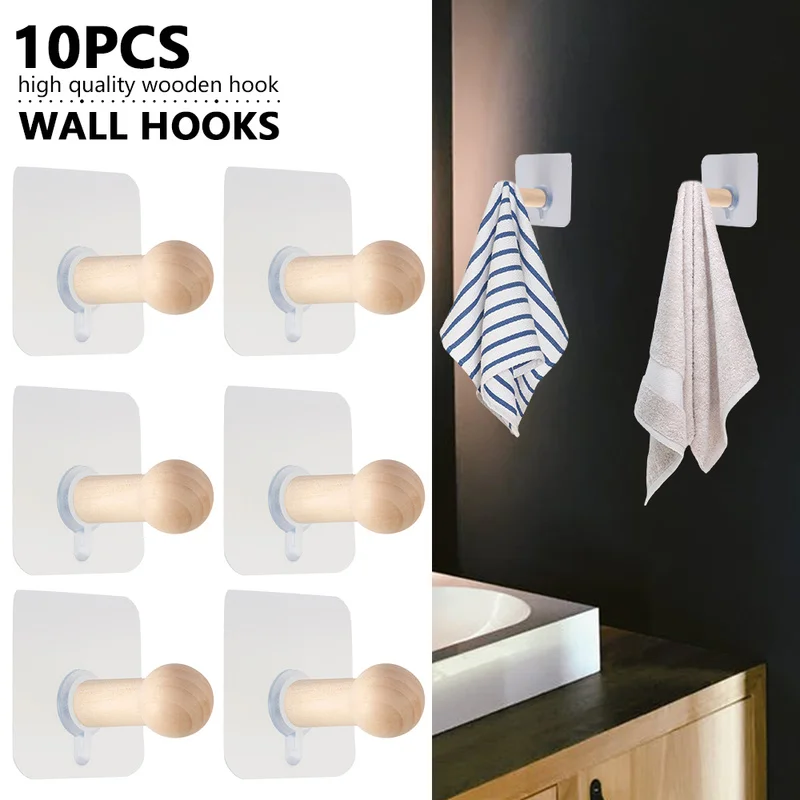 10 Pcs Adhesive Wooden Hooks Nails Wood Color Hooks Hat Key Storage