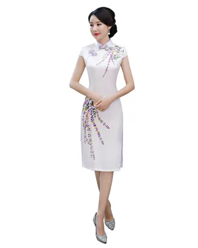 

Shanghai Story 2019 Knee Length Chinese Style Dress Flower Print Faux Silk Qipao dress Short Sleeve cheongsam For Women