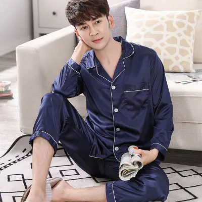 Бренд thoshine Китай атласные шелковые пижамы наборы пара Семья Пижама Lover Ночной костюм Для мужчин и Для женщин Повседневное домашняя одежда - Цвет: Men Blue