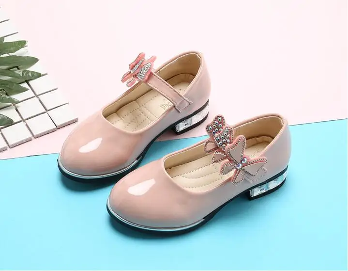 Детские туфли принцессы детские для девочек свадебные кожаные туфли на высоком каблуке модельные туфли с бантом обувь для девочек белый розовый