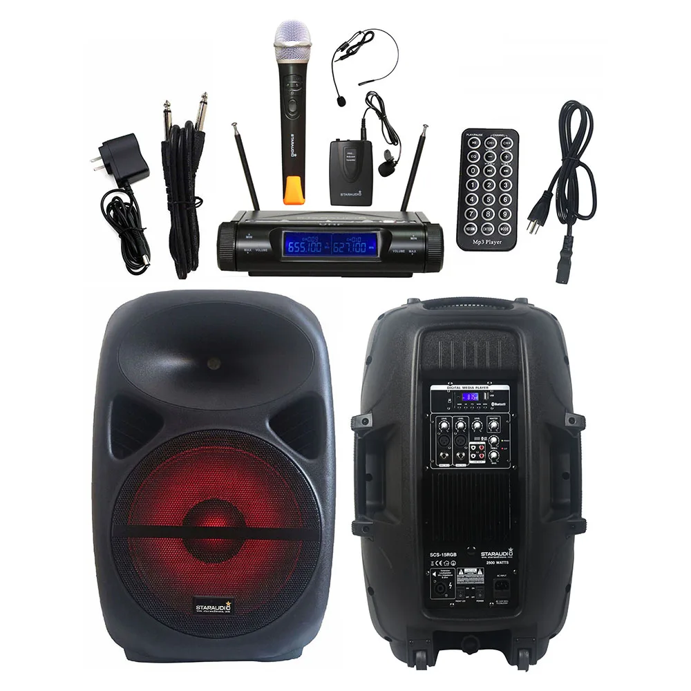 

STARAUDIO 2500W PA Powered 15" Active DJ Speaker RGB Light Speaker 2 Channel UHF Wireless Handheld Headset Microphone SCS-15RGB