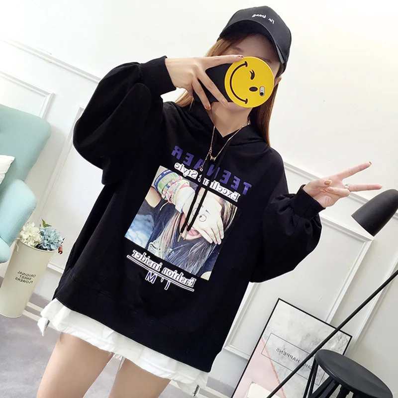 Autumn New Women Loose Hooded Sweatshirt Female Long Sleeve Sportwear Patchwork Blouse Pullover Printed Tops Harajuku Bts Hoodies
