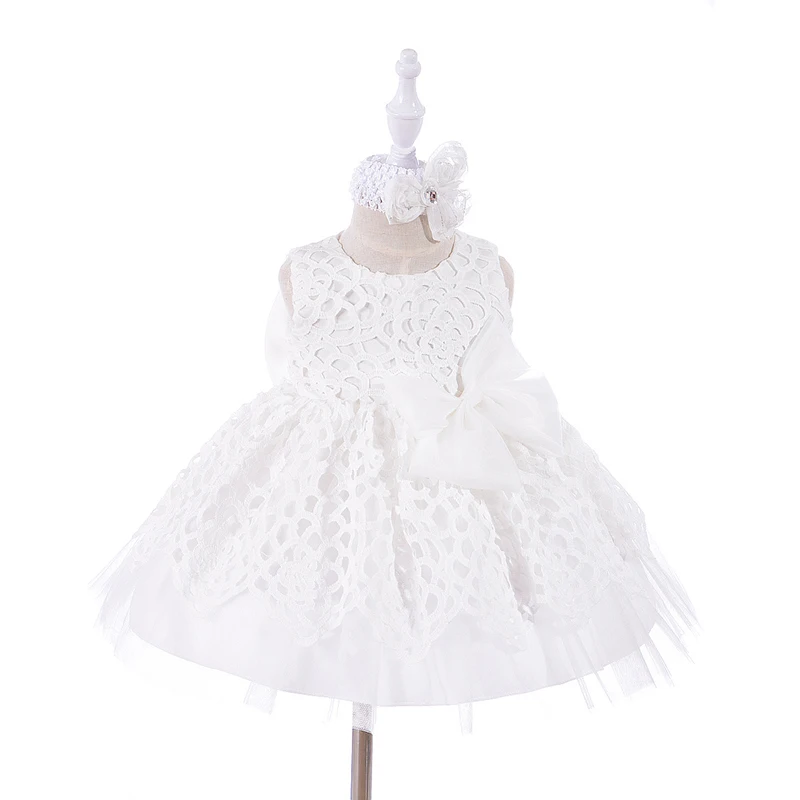 Baby Girl Long White Embroidered Satin Ribbon Tulle Christening Dress with Hat