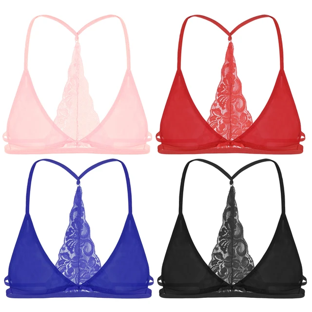 Homme Mens Mesh See Through Sheer Lace Y-shape Back Wire-free Unlined  Triangle Bralette Bra