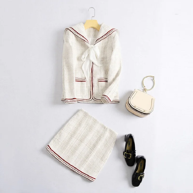 2018 Autumn Winter Fashion Jacket Suits Women Sailor Collar Wool Jacket Coat+Mini Warm Skirt Suit Ladies Work Office Suit Coats Women's Sets