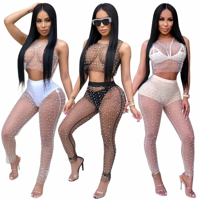 

Women Sleeveless See Through Sexy Mesh Pearls Beading Two Pieces Set 2018 Summer Matching Party Outfits Crop Tops and Pants Suit