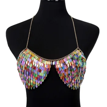

imixlot Sexy Personality Black Colorful Sequins Leaf Bra Chain Female Exaggerated Necklace Sandy Beach Vacasion