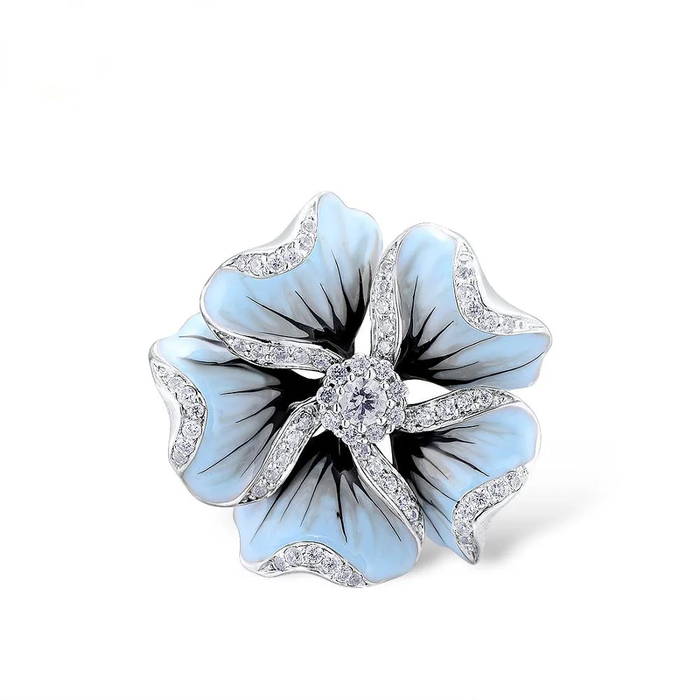 Милый Серебряный Синий цветок в эпоксидной смоле кольца с цирконием камень для женщин обручальное кольцо модные украшения