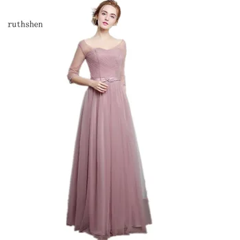 

ruthshen Bridesmaid Dresses Long Half Sleeves Illusion Pleated Tulle Wedding Guest Party Dress Vestido Madrinha 2018