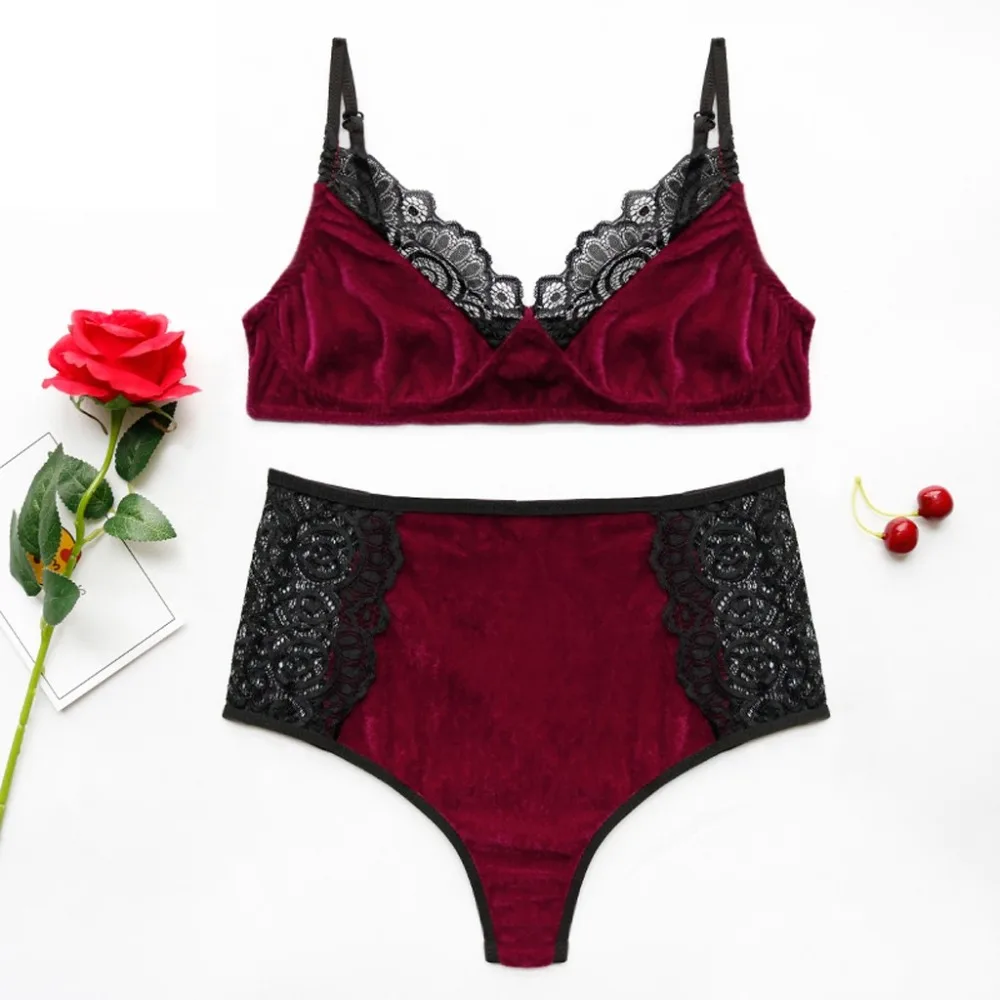 

2pc Fashion Women Plus Size Bra Plus Contrast Lace Velvet Lingerie Set Sleepwear women summer Seamless Sexy Lingerie s-3xl#15A