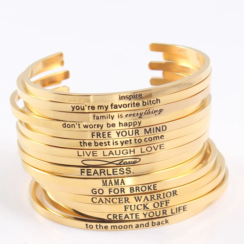 

2017 Hot Gold Color 316L Stainless Steel Engraved Positive Inspirational Quote Cuff Bracelet Mantra Bracelet Bangle for Women