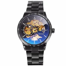 WINNER Gun Tone Men Auto Skeleton Mechanical Watch Black Self Wind Stainless Steel Band Steampunk Montre Homme Wristwatch/PMW509