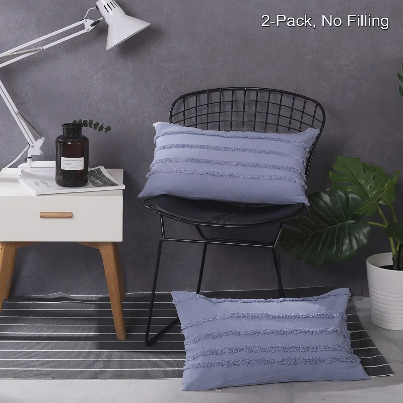 

PHF Throw Pillow Cover Cotton Striped Clipped Pack of 2 Rectangle Lumbar Pillow Decorative for Couch Bed White Grey Blue