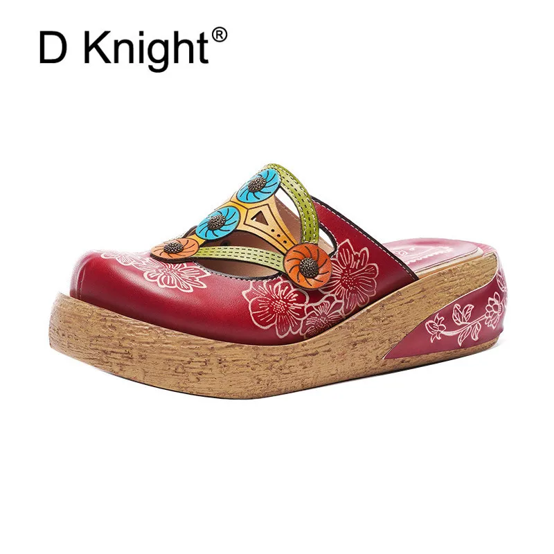 

New Hollow Flowers Women Wedges Sandals Handmade Pattern Genuine Leather Slippers Big Head Adjustable Daily Sandals Ladies Shoes
