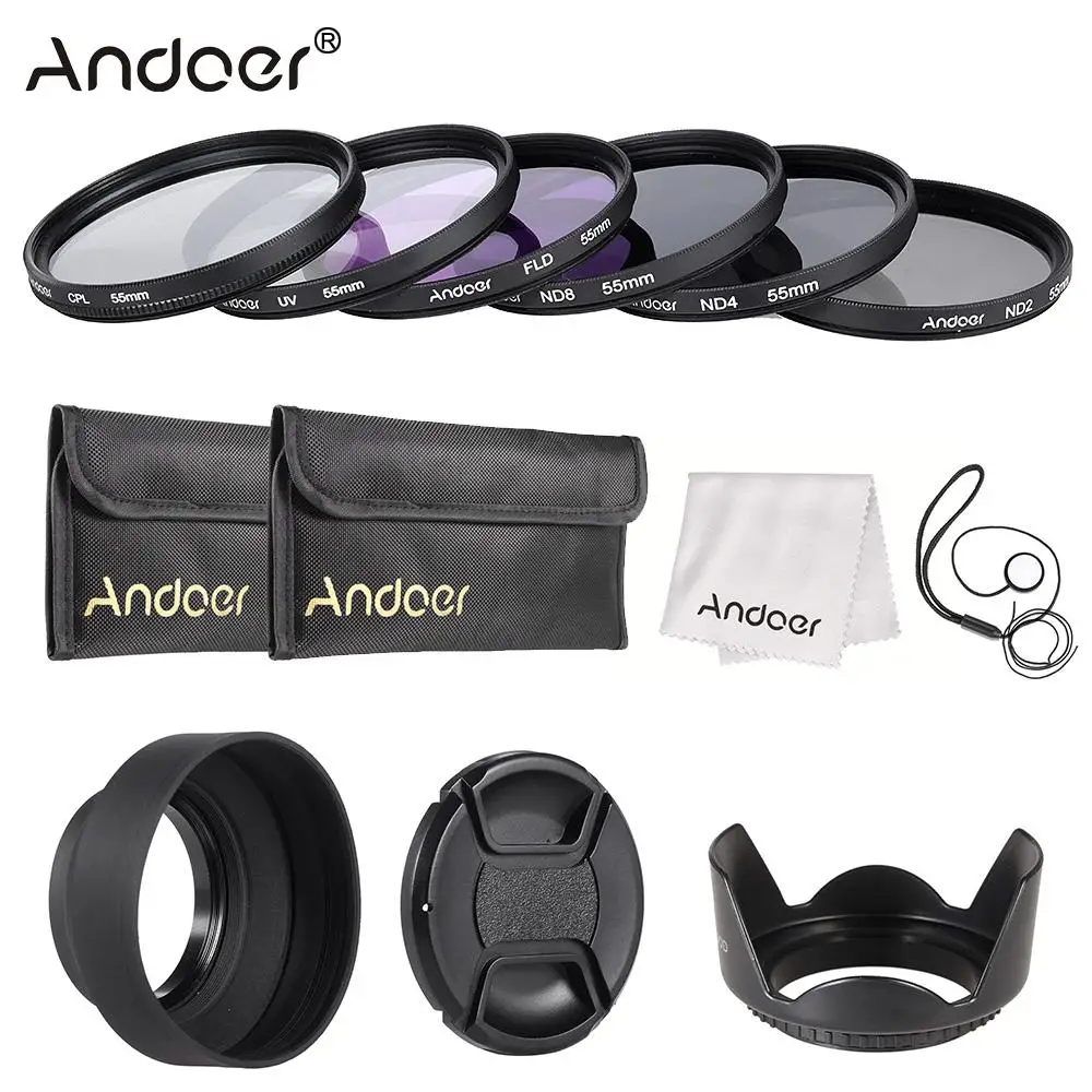 Andoer 49-77 мм Комплект фильтров для объектива UV+ CPL+ FLD+ ND(ND2 ND4 ND8) с сумкой для переноски/крышка объектива/держатель крышки объектива/тюльпан и резиновые бленды для объектива