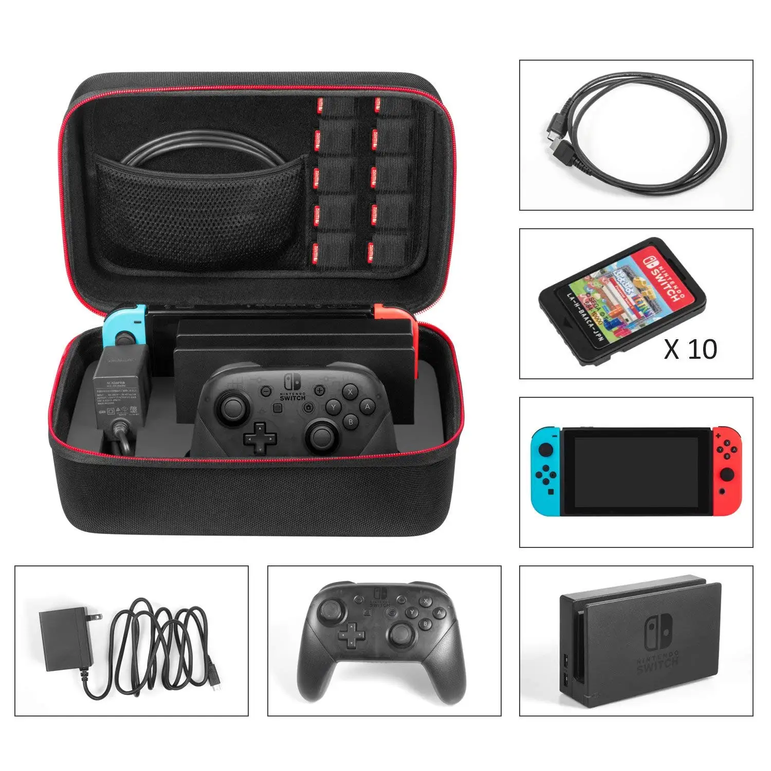10 in 1 Travel Carrying Case&Clear Cover Case&Play Stand&Screen Protector&Joy-Con Cover& Thumb Caps For Nintend Switch Console