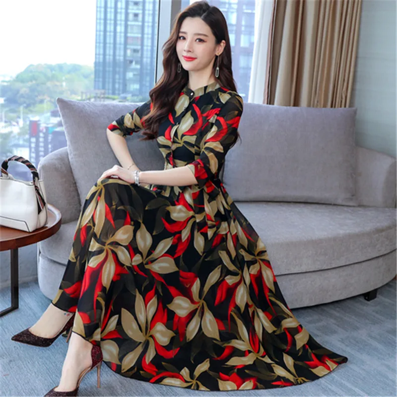 

2019 Bohemian Style Plus Size M-3XL Elegant Stand Collar Flower Printed Three-quarter Sleeve High Quality Chiffon Long Dress