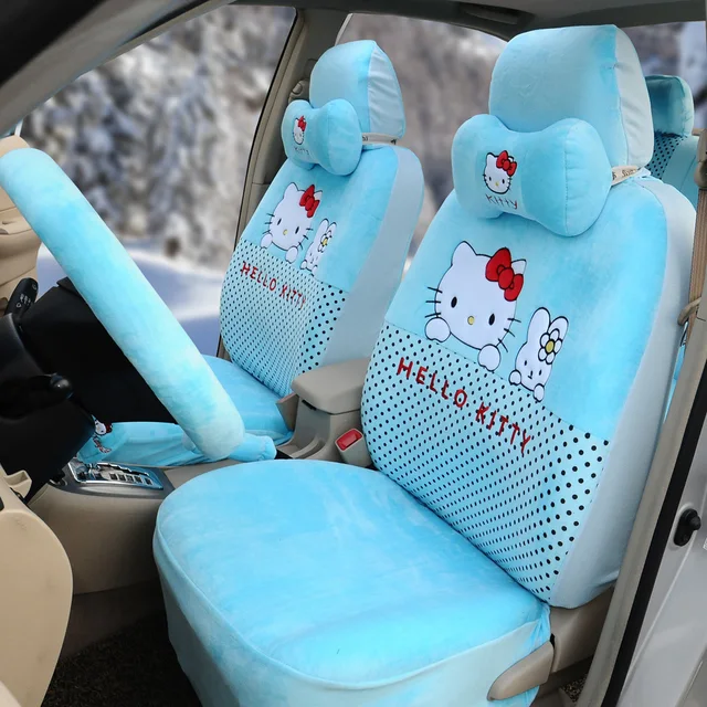 Hello kitty 18pcs fashion cool car seat covers soft plush light blue car steering wheel cover