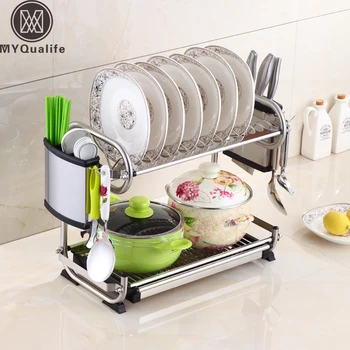 

Deck Standing Dish Rack Set 2-Tier Stainless Plate Dish Cutlery Cup Rack With Tray Steel Drain Bowl Rack Kitchen Shelf