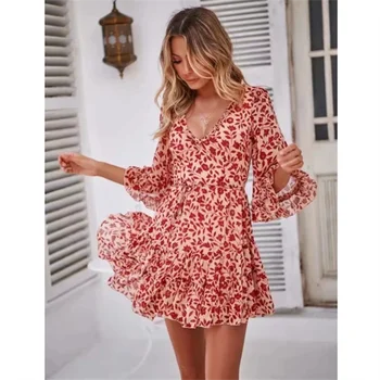 

2019 Women Summer Dress Casual Korean Print Dresses Sexy Bohemian Beach Mini Chiffon Dress