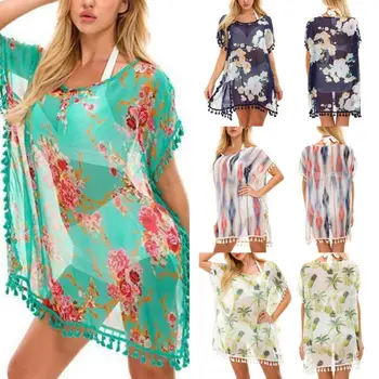 

Summer Women Chiffon Bikini Cover Up Tassel Beach Dress Bathing Suit Flower Pineapple Print Mini Swimming Dresses Swimwear
