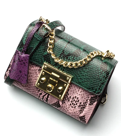 Бренд xmessun, высокое качество, Сумка с золотым замком, змеиная кожа, кожа, цепочка, маленькие Дизайнерские Сумочки, женские сумочки, вечерняя сумка-мессенджер - Цвет: Green with pink
