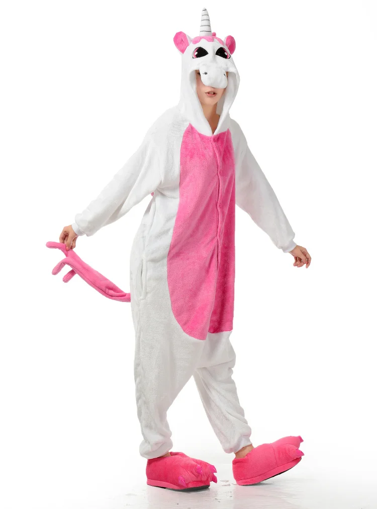 Женская пижама с единорогом, Ститч, панда, для взрослых, унисекс, пижама с животными, зимние теплые фланелевые Мультяшные пижамы с капюшоном для косплея - Цвет: Pink unicorn