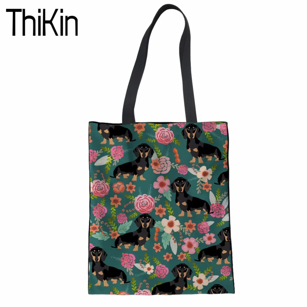 THIKIN Women Shopping Bag 3D Dachshund Printing Ladies Tote Bags Girls