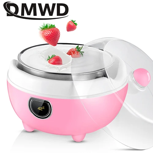 DMWD мини Электрический йогурт чайник DIY ферментер Натто риса оборудование для производства вина 1L контейнер из нержавеющей стали четыре стекло Leben чашки - Цвет: pink without cups