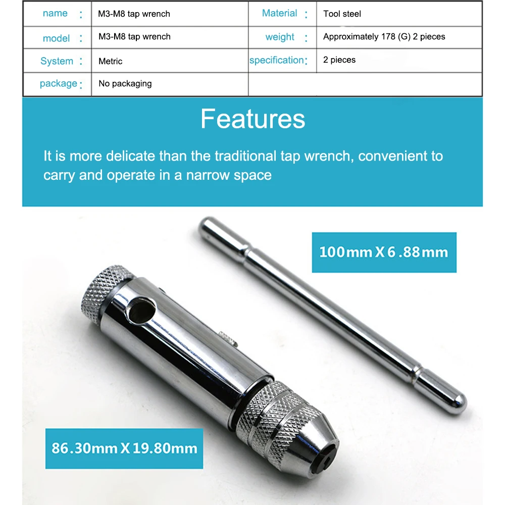 3-8mm T-Handle Ratchet Tap M3-M8 Wrench Machinist Tool Reversion With Screw Tap