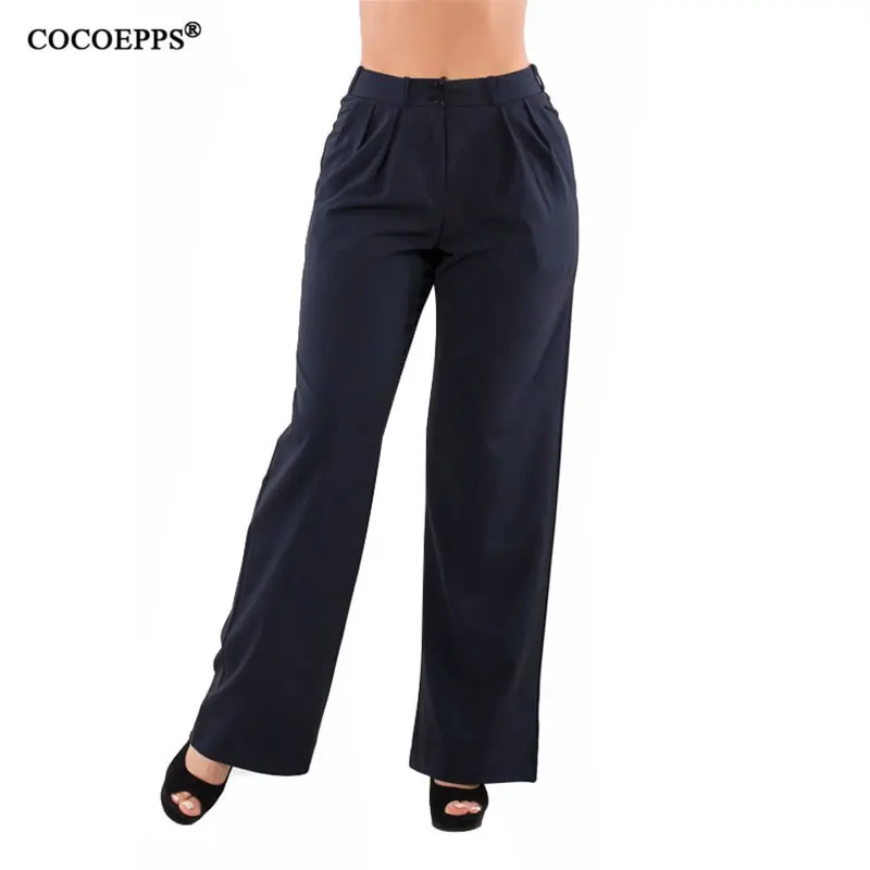 

COCOEPPS 2019 Plus Size Summer High Waist Wide Leg Pants For Women Elegant Solid Casual Big Size Trouser Wear To Work Blue L-6XL