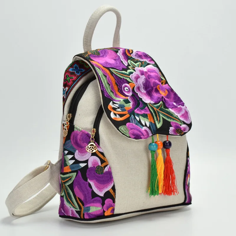 Women's Flowers Embroidery Backpack Girl's Fashion National style Mini Creative Handmade Cotton