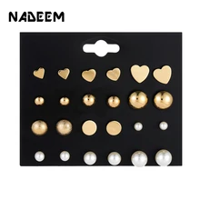 12 пар/набор, набор сережек-гвоздиков золотого цвета с жемчужными бусинами и кристаллами, модный набор сережек-гвоздиков с маленькими шариками в форме сердца, женская серьга с рождественской тематикой