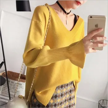 

Ladychili Women's Clothing Women Winter Knitted Pullover Yellow Sweater Ruffles Batwing Sleeve Loose Cute VNeck Soft Sweater S63