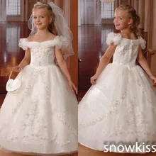 Бальное платье с открытыми плечами, украшенное бисером, платья для первого причастия детское платье для малышей, белое/цвета слоновой кости, платье с цветочным узором для девочек на свадьбу