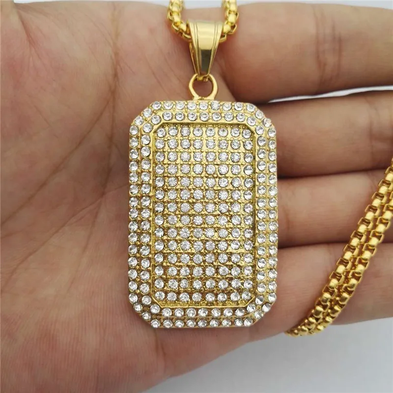 

Trendy Rock Bling Iced Out Gold Full Rhinestone Rectangle Pendants Necklaces 316L Stainless Steel Long Necklace for Men Jewelry