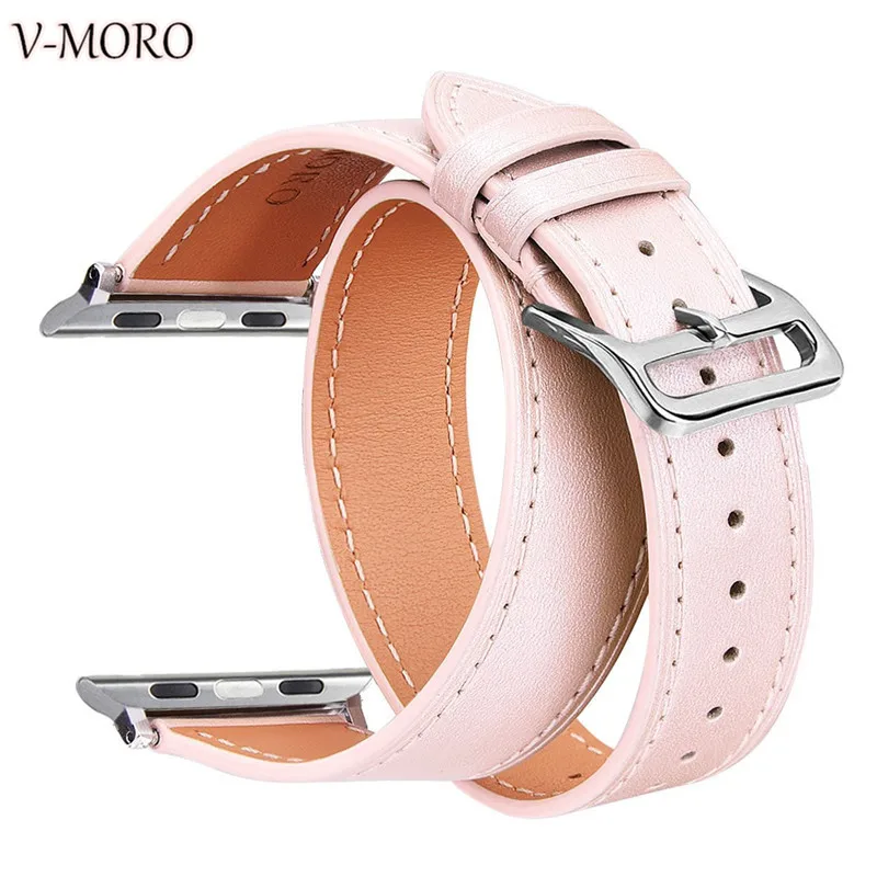 

V-moro 2018 Newest Extra Long For Apple Watch 38mm 42mm Strap Band Genuine Leather Double Tour Watch Band For Apple Watch Bands