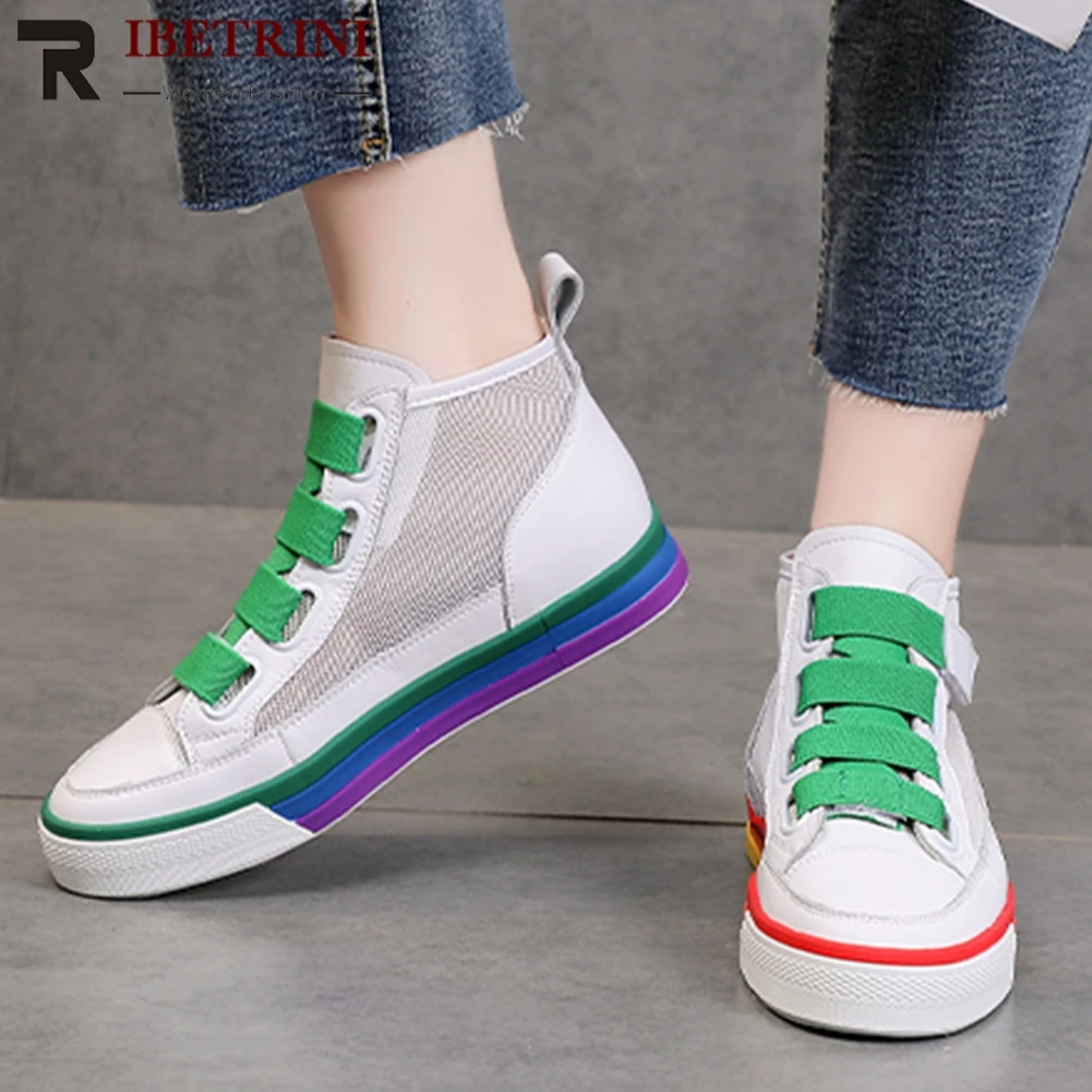 

RIBETRINI Vulcanize Mesh Flat Shoes Woman 2020 Spring Autumn Fahion Vulcanize Mixed Colors Shoes Lace Up Leisure Shoes Woman
