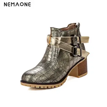 

NEMAO Women Boots Ankle Boots Pointed Toe Motorcycle Boots Female Low Heels Buckle Black gold Shoes Plus Size 34-4 free shipping