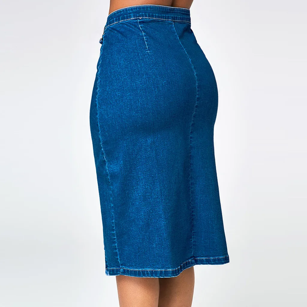 Для женщин Модная Джинсовая юбка-карандаш с завышенной талией удар выше колена синие джинсы Юбки на пуговицах